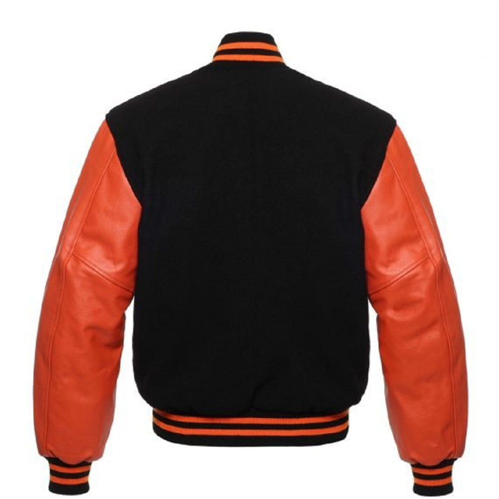 🏆Men’s Black Varsity Jacket with Orange Leather Sleeves – Premium Letterman Style