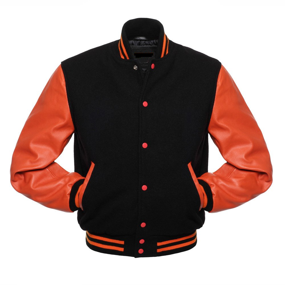 🏆Men’s Black Varsity Jacket with Orange Leather Sleeves – Premium Letterman Style