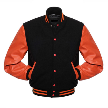 🏆Men’s Black Varsity Jacket with Orange Leather Sleeves – Premium Letterman Style