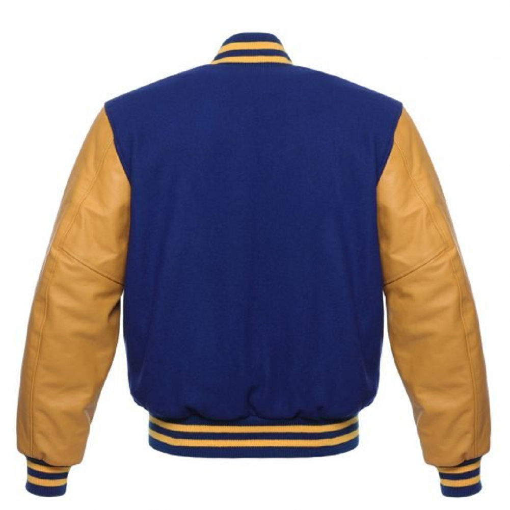 🏆Men’s Blue Varsity Jacket with Yellow Leather Sleeves – Classic College Letterman Style