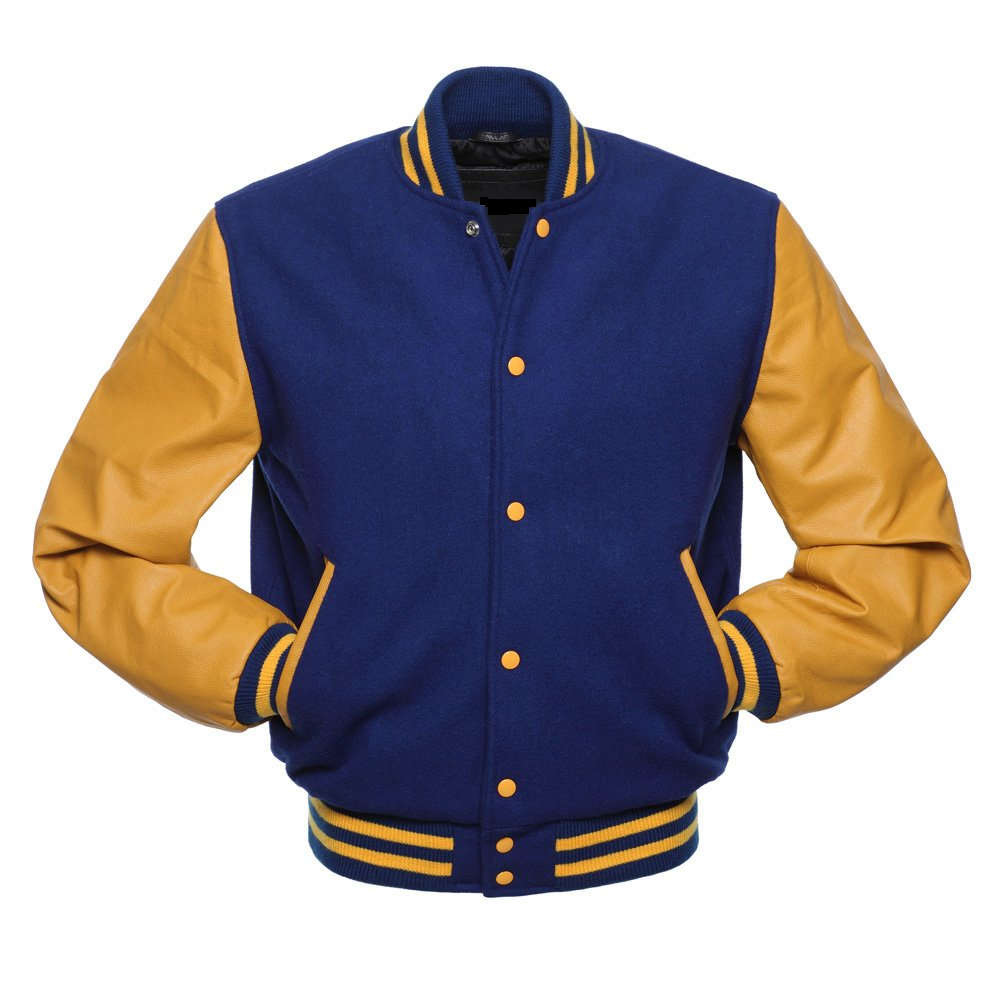 🏆Men’s Blue Varsity Jacket with Yellow Leather Sleeves – Classic College Letterman Style