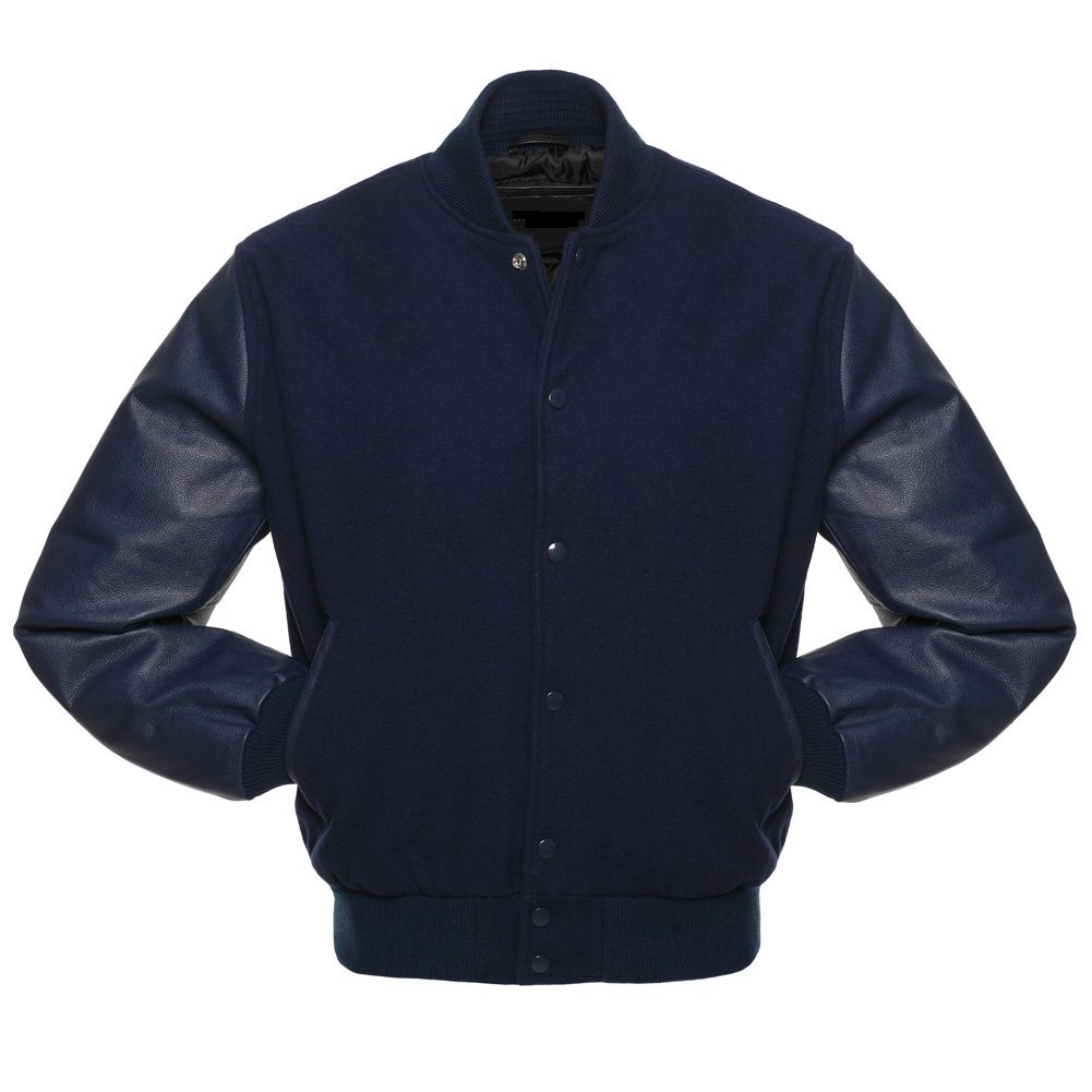 🏆Men’s Navy Blue Varsity Jacket with Leather Sleeves – Classic Letterman Style