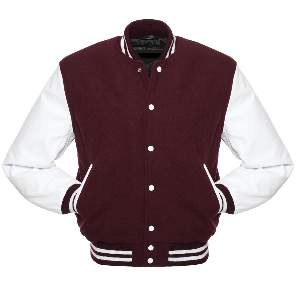🏆Men’s Maroon Varsity Jacket with White Leather Sleeves – Classic Letterman Style