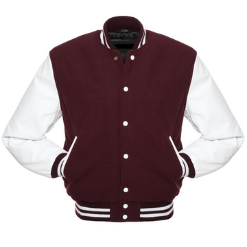 🏆Men’s Maroon Varsity Jacket with White Leather Sleeves – Classic Letterman Style