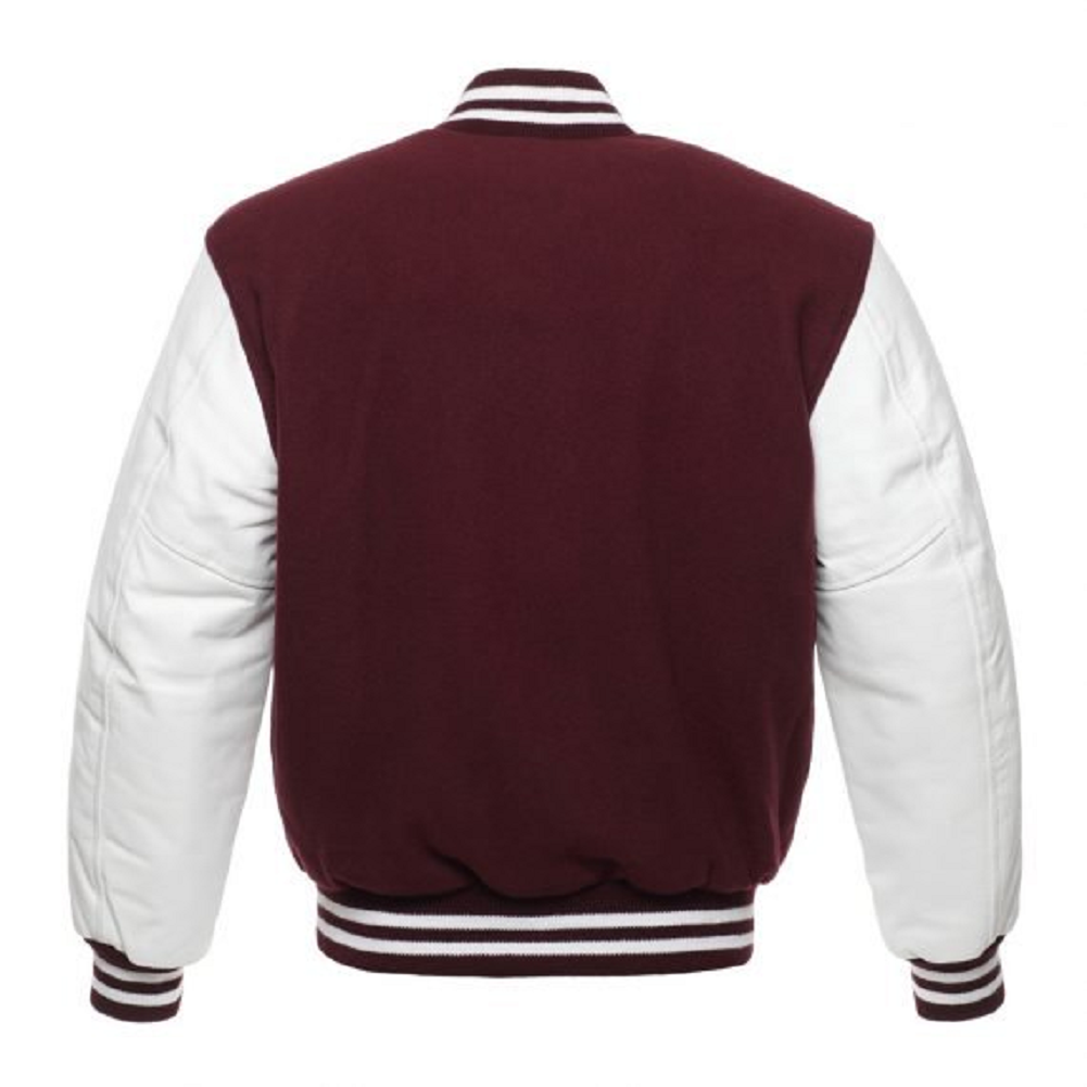 🏆Men’s Maroon Varsity Jacket with White Leather Sleeves – Classic Letterman Style