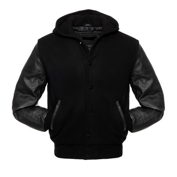 🏆Men’s All-Black Varsity Jacket with Real Leather Sleeves &amp; Detachable Hood