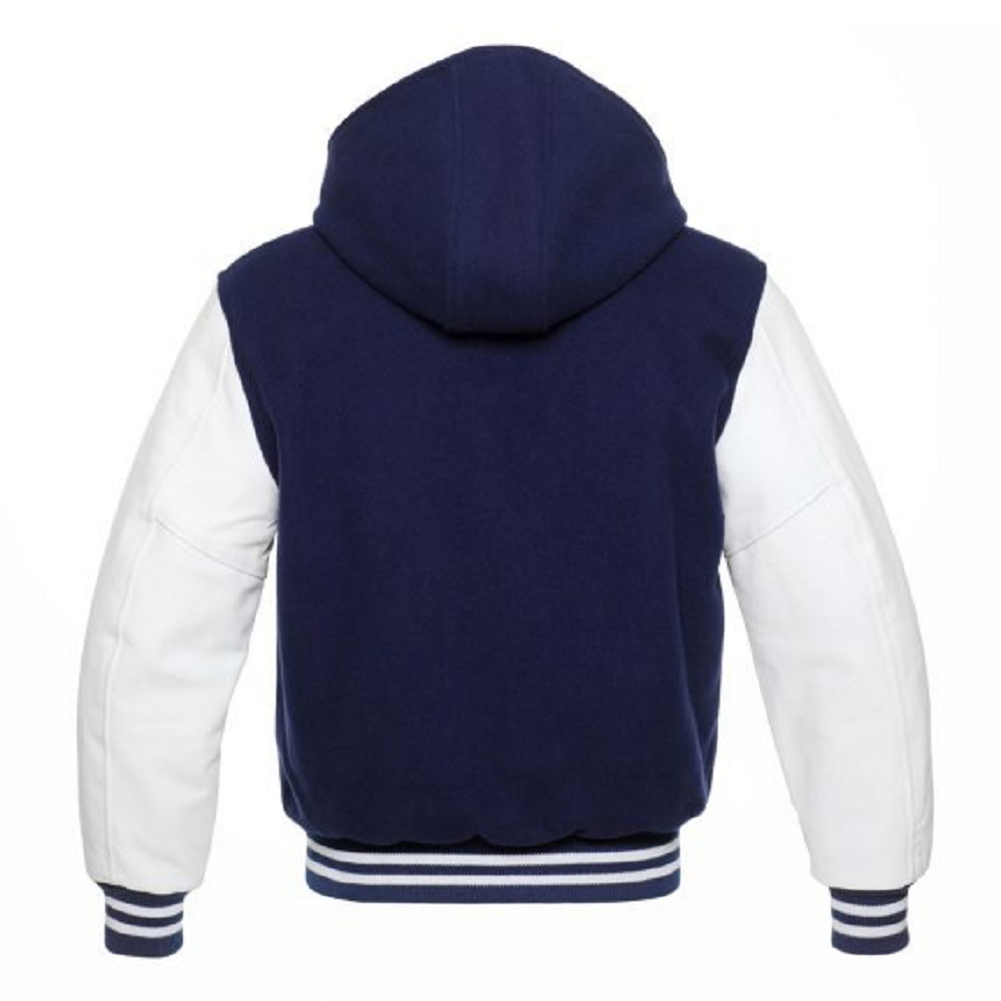 🏆Premium Hooded Varsity Jacket – Navy &amp; White | Wool Body + Leather Sleeves | USA Stock