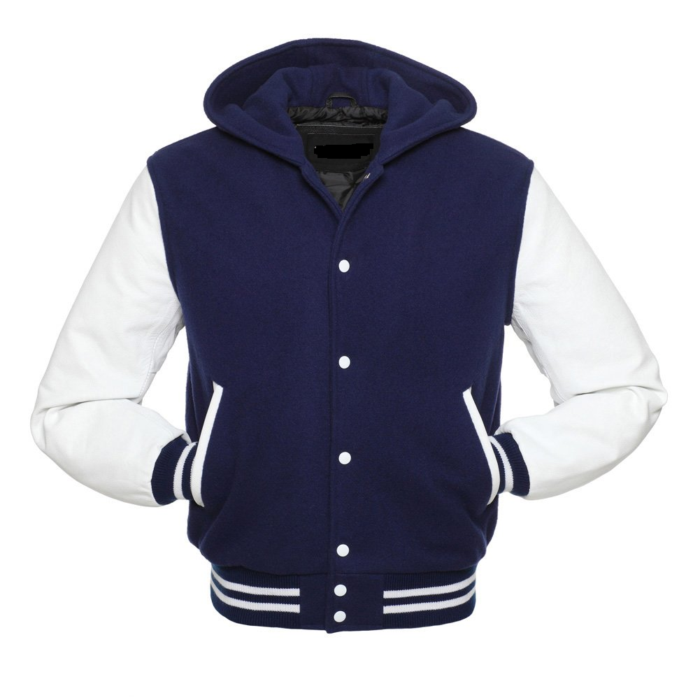 🏆Premium Hooded Varsity Jacket – Navy &amp; White | Wool Body + Leather Sleeves | USA Stock