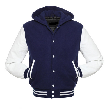 🏆Premium Hooded Varsity Jacket – Navy &amp; White | Wool Body + Leather Sleeves | USA Stock
