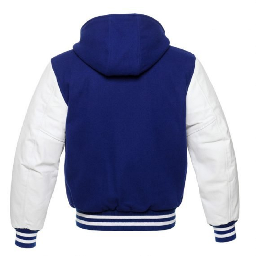 🏆Premium Hooded Varsity Jacket – Navy &amp; White | Wool Body + Leather Sleeves | USA Stock (Copy)