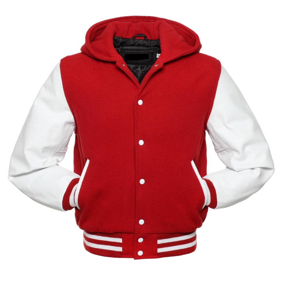 🏆Men’s Red &amp; White Varsity Hooded Jacket – USA Stock | Wool Body + Leather Sleeves | Winter Warm Streetwear