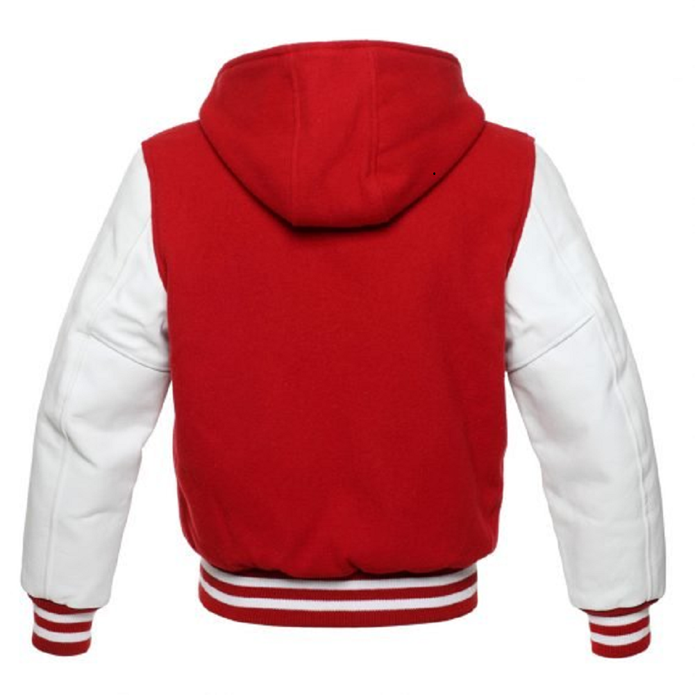 🏆Men’s Red &amp; White Varsity Hooded Jacket – USA Stock | Wool Body + Leather Sleeves | Winter Warm Streetwear