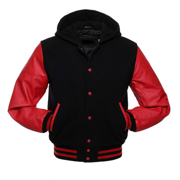 🏆Men’s Black Varsity Jacket with Red Leather Sleeves – Premium Letterman Hoodie Style