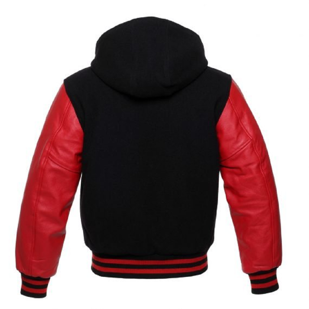 🏆Men’s Black Varsity Jacket with Red Leather Sleeves – Premium Letterman Hoodie Style
