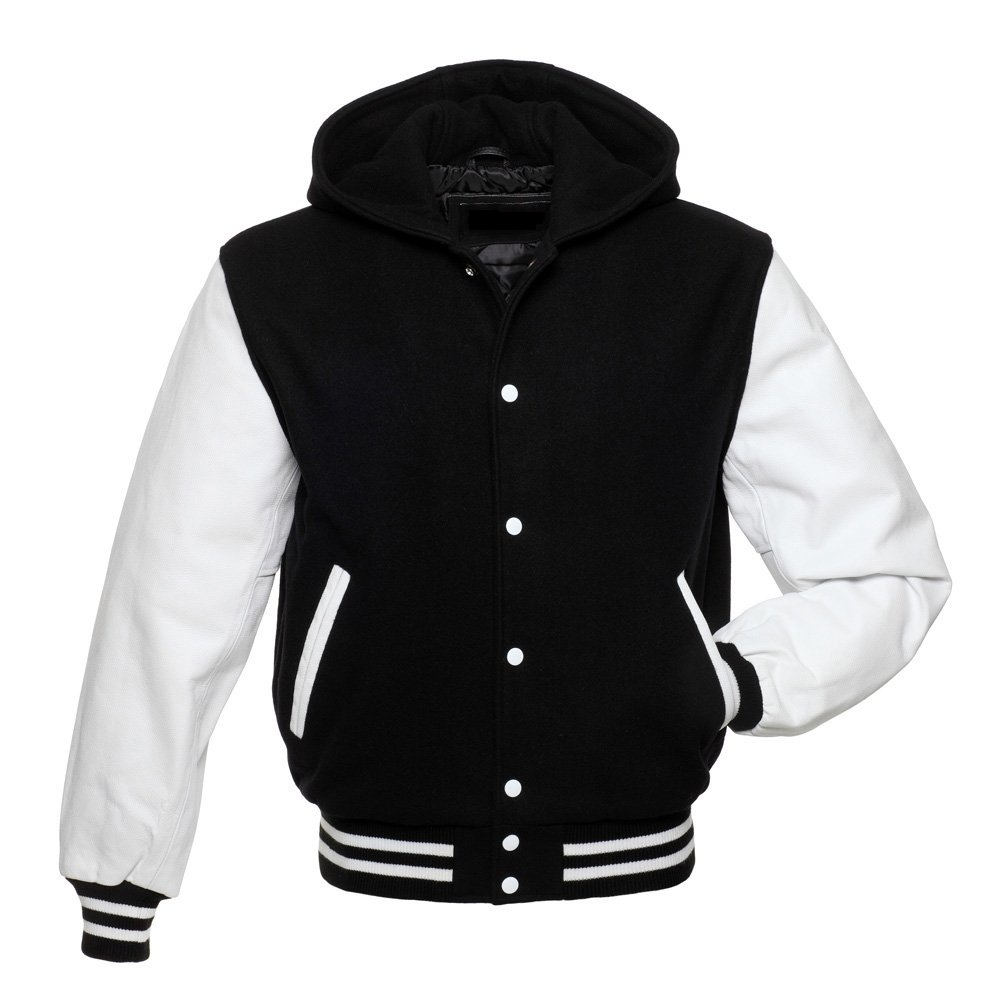 🏆Men’s Black &amp; White Varsity Hooded Jacket – USA Stock | Wool Body + Leather Sleeves | Winter Warm Streetwear