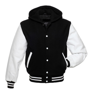 🏆Men’s Black &amp; White Varsity Hooded Jacket – USA Stock | Wool Body + Leather Sleeves | Winter Warm Streetwear