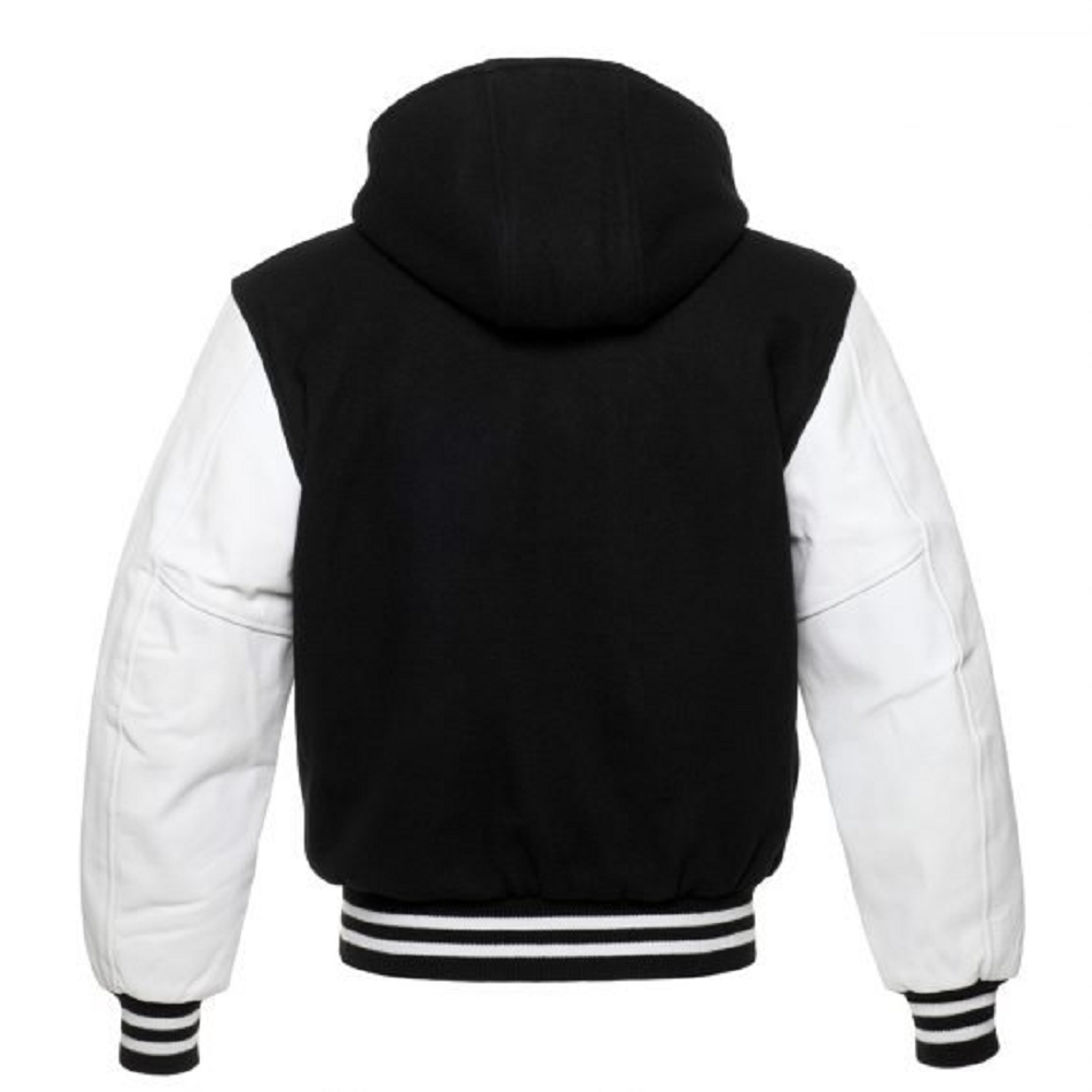 🏆Men’s Black &amp; White Varsity Hooded Jacket – USA Stock | Wool Body + Leather Sleeves | Winter Warm Streetwear