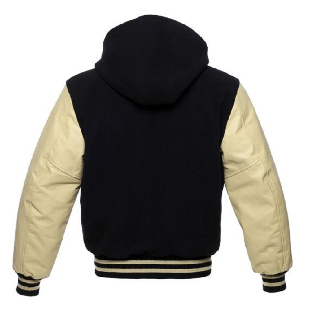 🏆Men’s Black &amp; Cream Varsity Hooded Jacket – USA Stock | Wool Body + Leather Sleeves | Winter Warm Streetwear