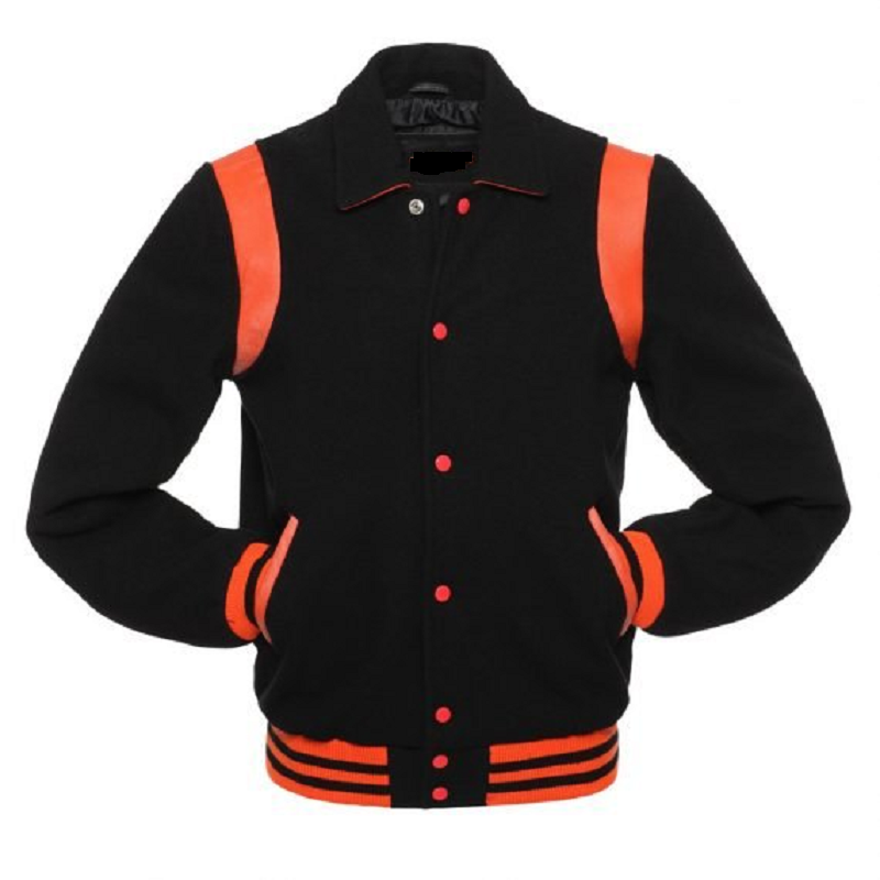 Black &amp; Orange Varsity Bomber Jacket – Wool + Leather – Unisex – Gold Choice™