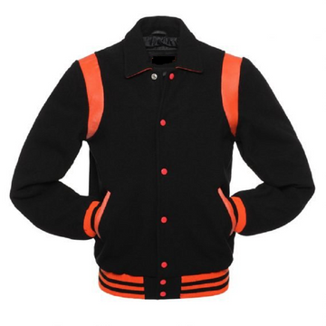Black &amp; Orange Varsity Bomber Jacket – Wool + Leather – Unisex – Gold Choice™