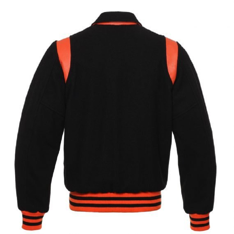 Black &amp; Orange Varsity Bomber Jacket – Wool + Leather – Unisex – Gold Choice™