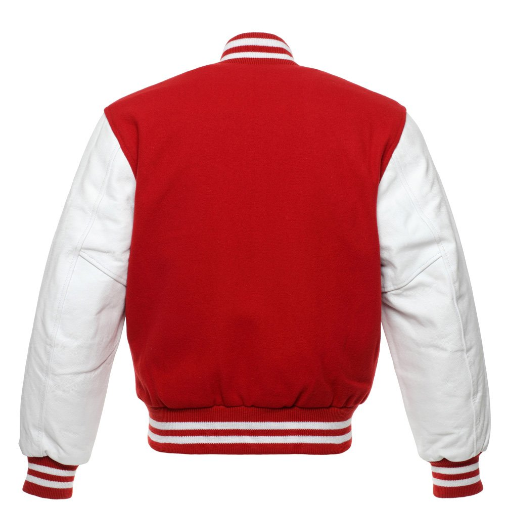 🏆Men’s Red &amp; White Varsity Jacket – Wool Body + Leather Sleeves