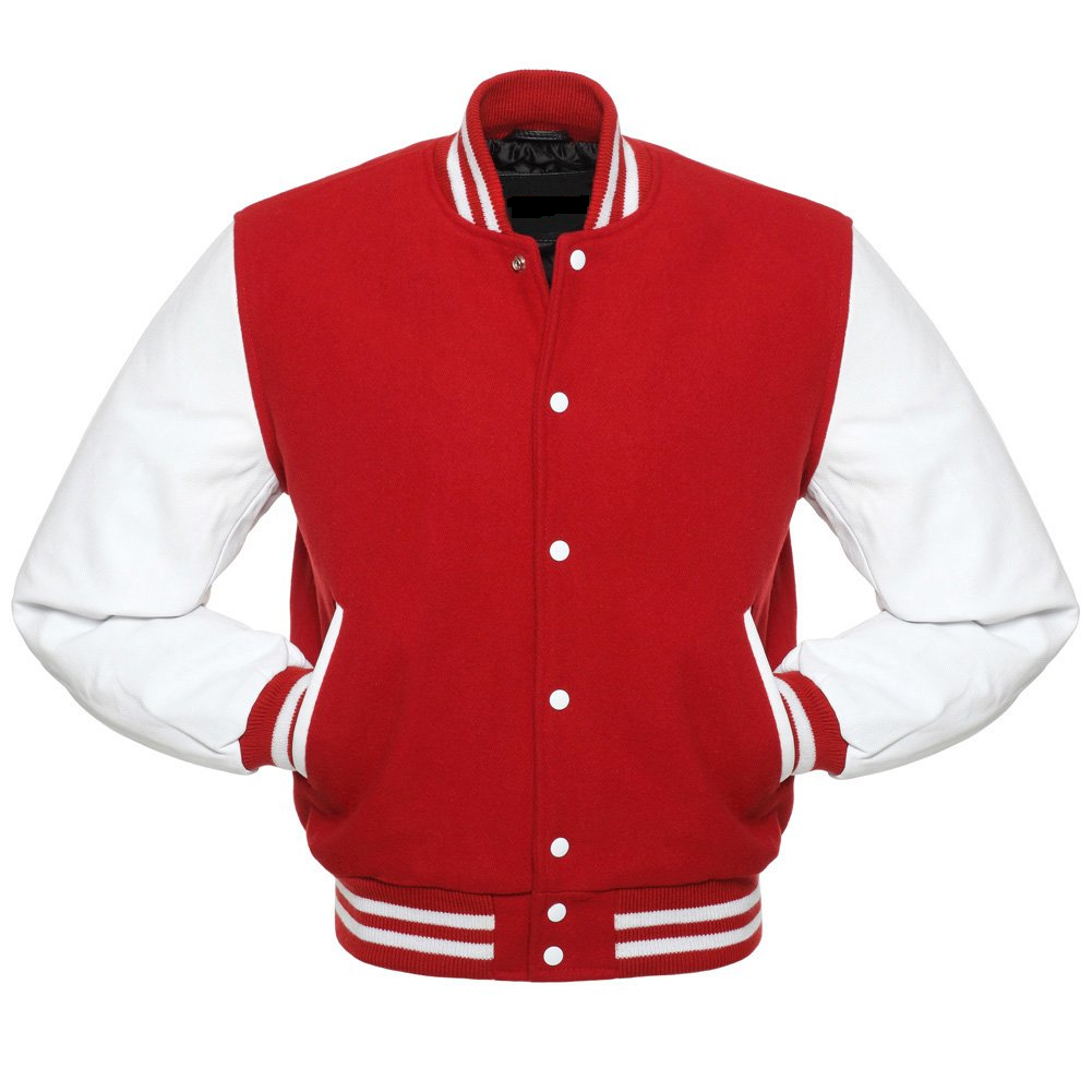 🏆Men’s Red &amp; White Varsity Jacket – Wool Body + Leather Sleeves