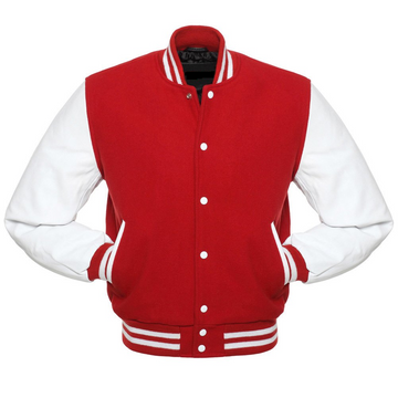 🏆Men’s Red &amp; White Varsity Jacket – Wool Body + Leather Sleeves