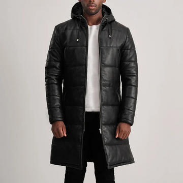 Men’s Floyd Black Hooded Leather Puffer Coat | Long Winter Leather Parka
