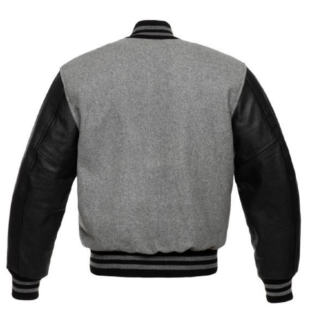 🏆Men’s Grey &amp; Black Varsity Jacket With Leather Sleeves