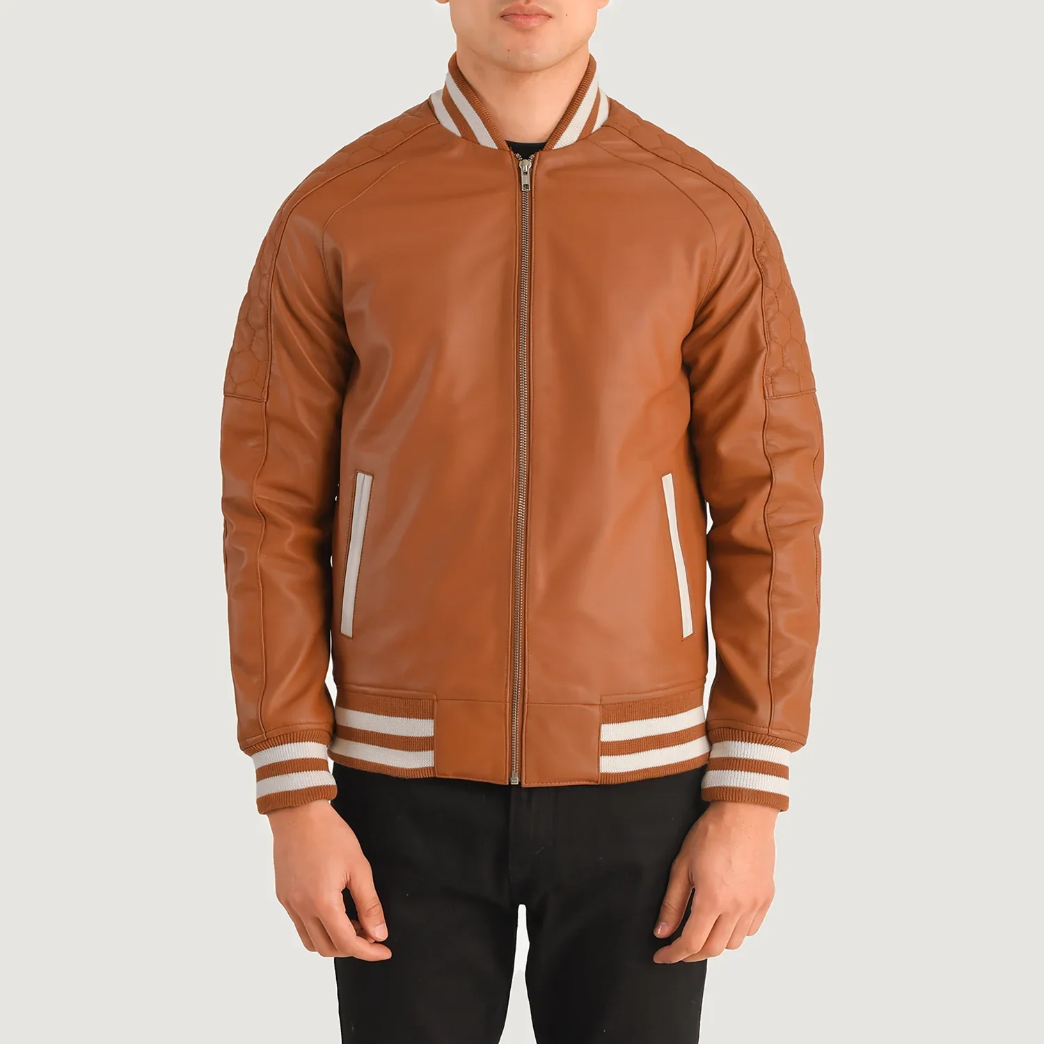 Men’s Pascal Tan Brown Leather Varsity Jacket