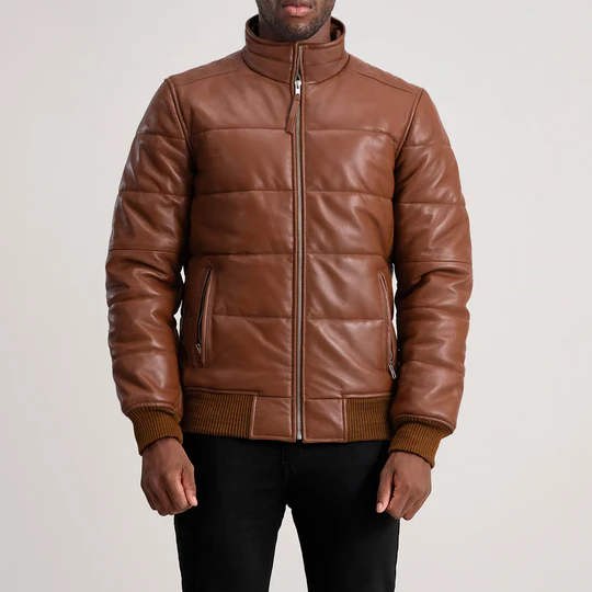 Men’s Lucas Brown Leather Puffer Bomber Jacket