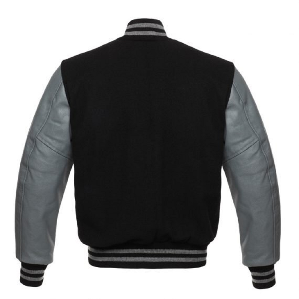 🏆Men’s Black &amp; Grey Varsity Jacket – Leather Sleeves