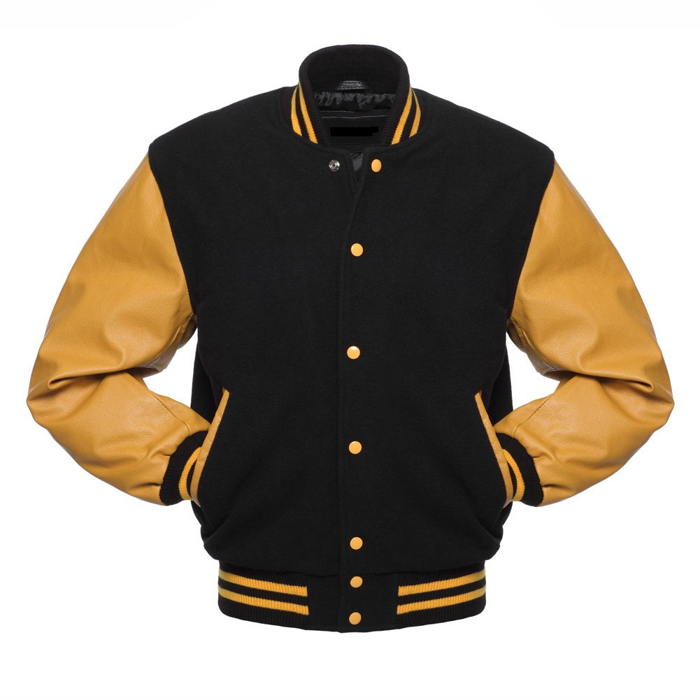 🏆Men’s Black & Yellow Varsity Jacket – Leather Sleeves | Classic College Bomber