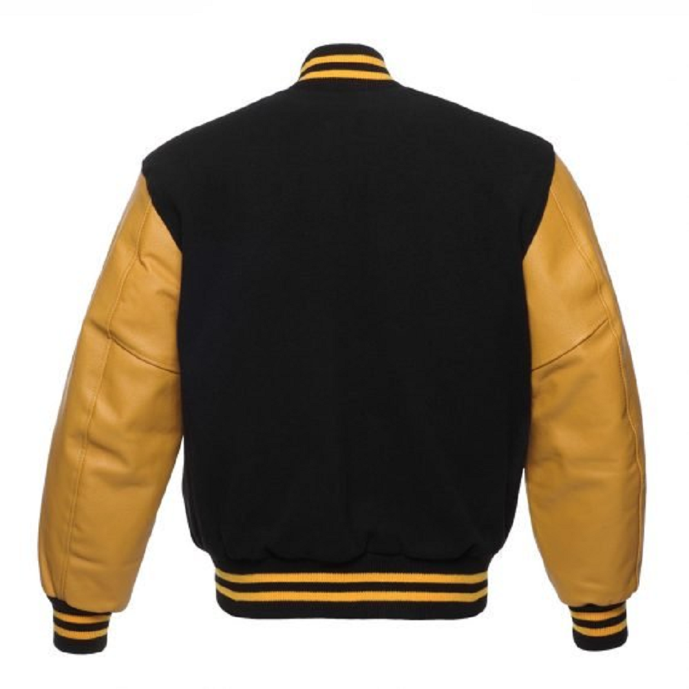 🏆Men’s Black & Yellow Varsity Jacket – Leather Sleeves | Classic College Bomber