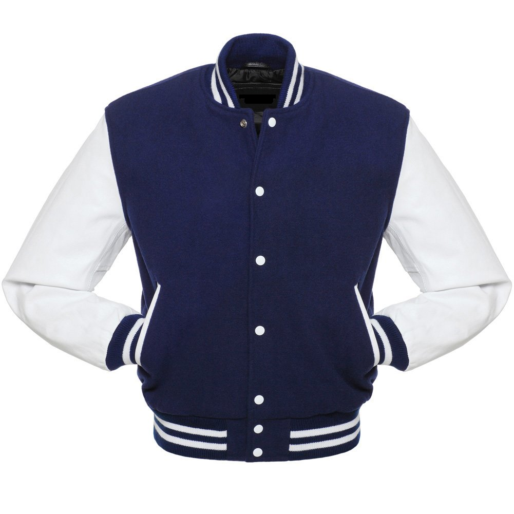 🏆Men’s Navy Blue &amp; White Varsity Jacket – Wool Body &amp; Leather Sleeves | Classic Baseball Letterman Bomber