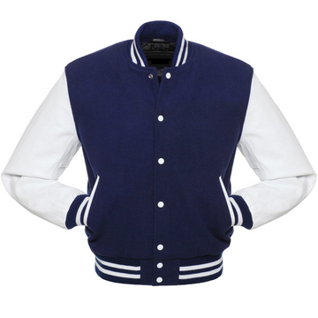 🏆Men’s Navy Blue &amp; White Varsity Jacket – Wool Body &amp; Leather Sleeves | Classic Baseball Letterman Bomber