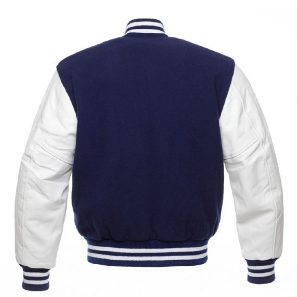 🏆Men’s Navy Blue &amp; White Varsity Jacket – Wool Body &amp; Leather Sleeves | Classic Baseball Letterman Bomber