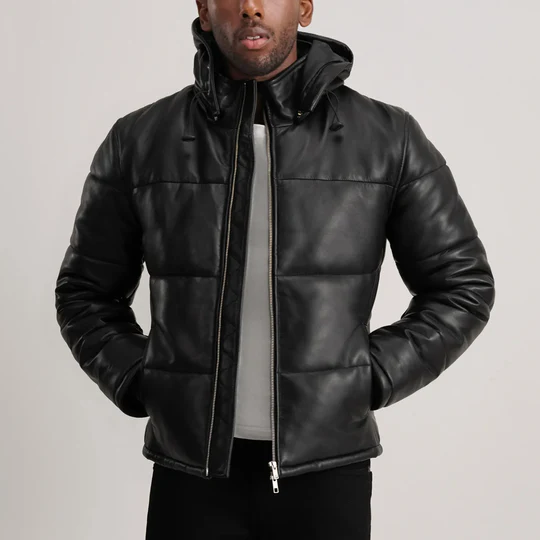 Men’s Gordon Black Hooded Leather Puffer Jacket