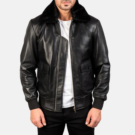 Men’s Airin G-1 Black Leather Bomber Jacket with Fur Collar