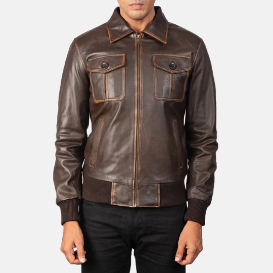 Aaron Brown Leather Bomber Jacket (Vintage Rub-Off Goatskin)