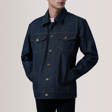 Men's Raw Dark Indigo Denim Trucker Jacket | Ash Grey Stitch Jean Coat