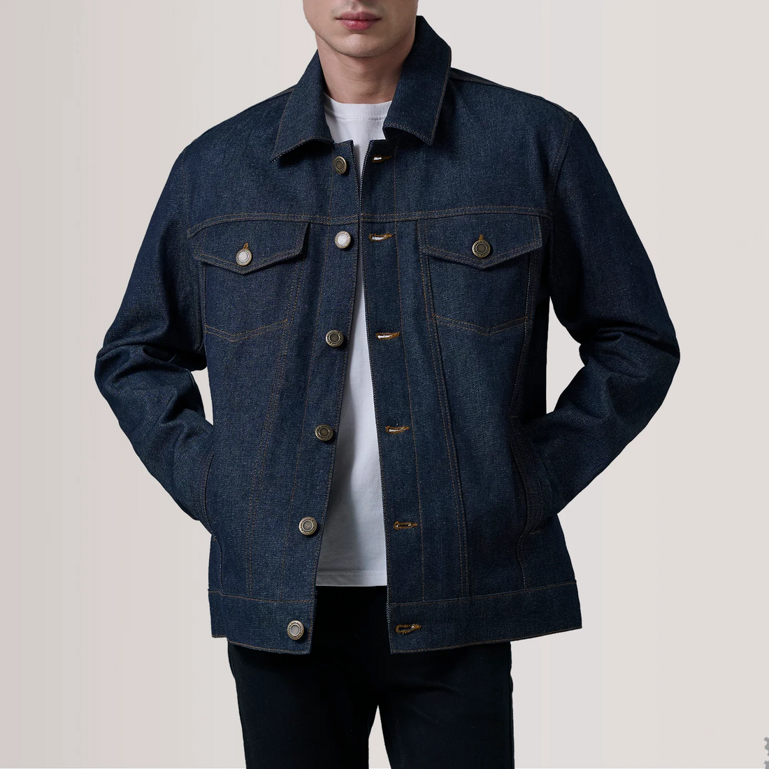 Men's Raw Dark Indigo Denim Trucker Jacket | Ash Grey Stitch Jean Coat