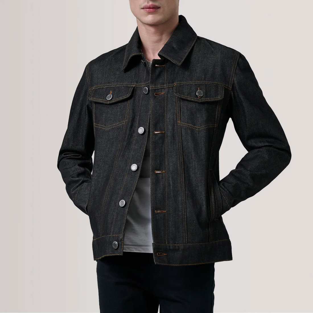 Men's Black Denim Trucker Jacket | Contrast Stitching Jean Coat