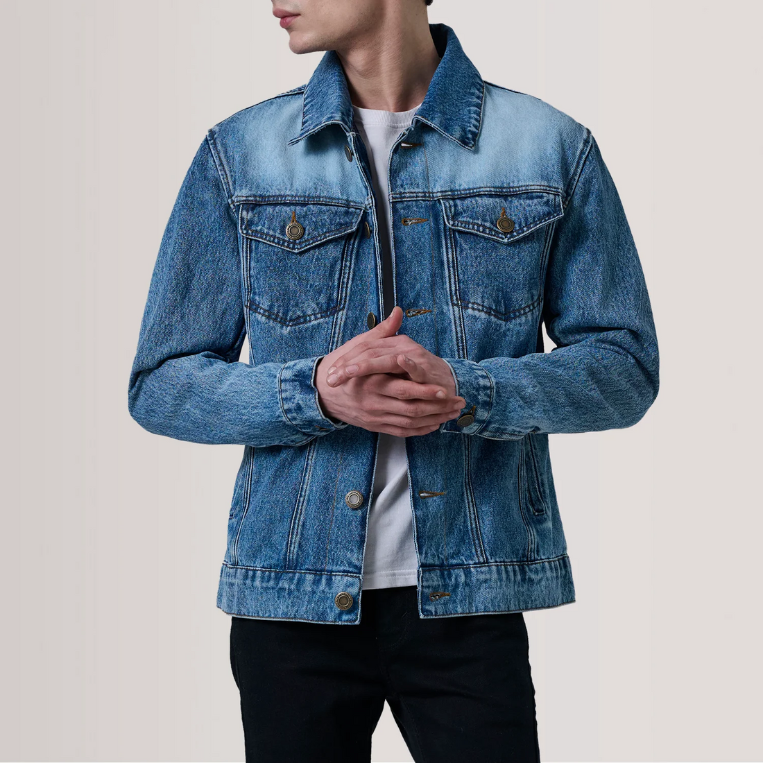 Men's Vintage Ice Blue Denim Trucker Jacket | Light Wash Contrast Jean Coat