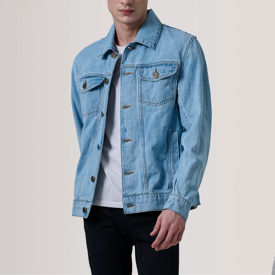Men's Vintage Faded Light Blue Denim Trucker Jacket | Retro Wash Jean Coat