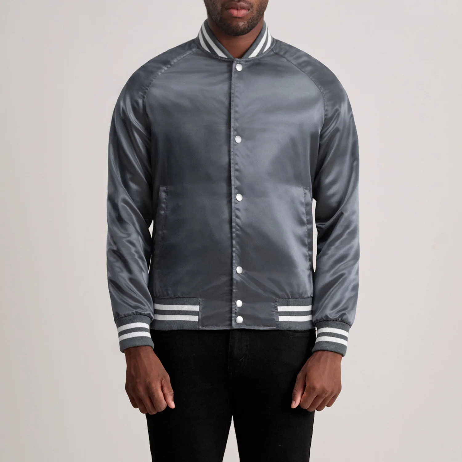 Men’s Xander Grey Satin Varsity Jacket  Description: