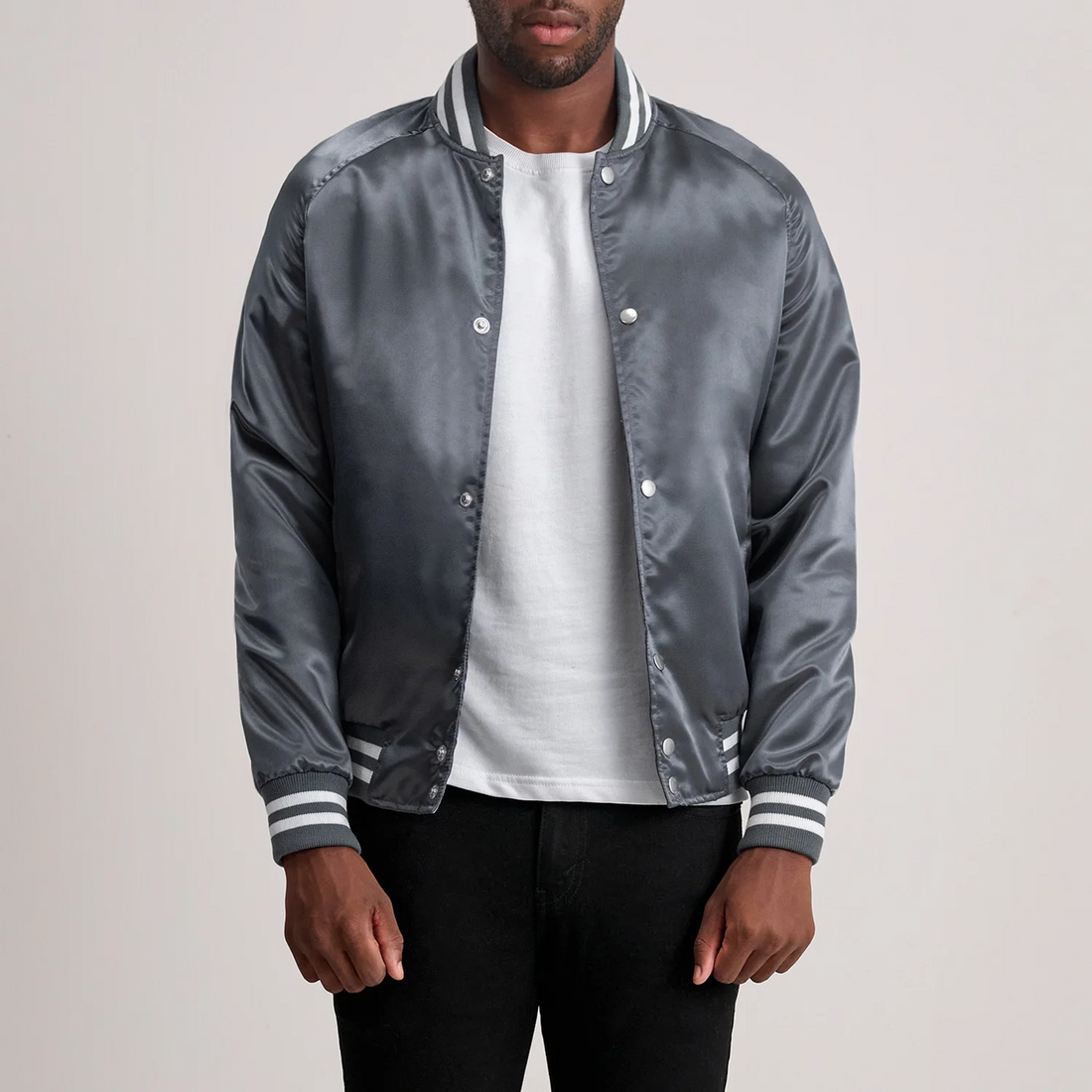 Men’s Xander Grey Satin Varsity Jacket  Description: