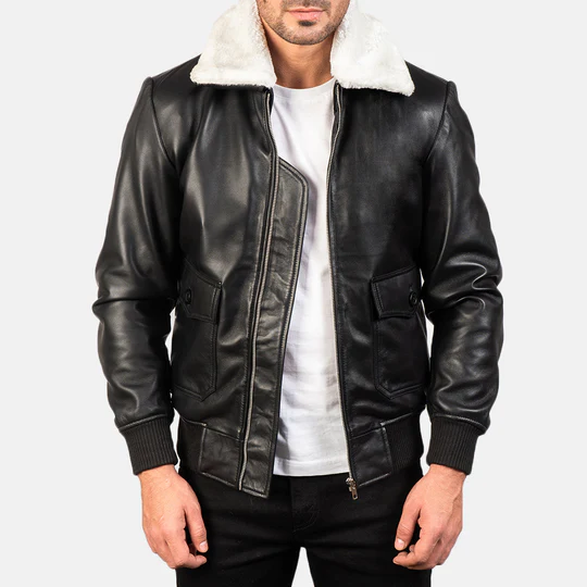 Men’s Airin G-1 Black Leather Bomber Jacket with White Shearling Collar
