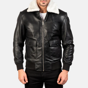 Men’s Airin G-1 Black Leather Bomber Jacket with White Shearling Collar
